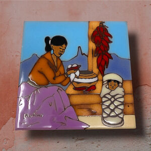 Vtg 1990 Earthtones 6" Ceramic Tile L. Kuhne Woman Papoose Southwestern Adobe
